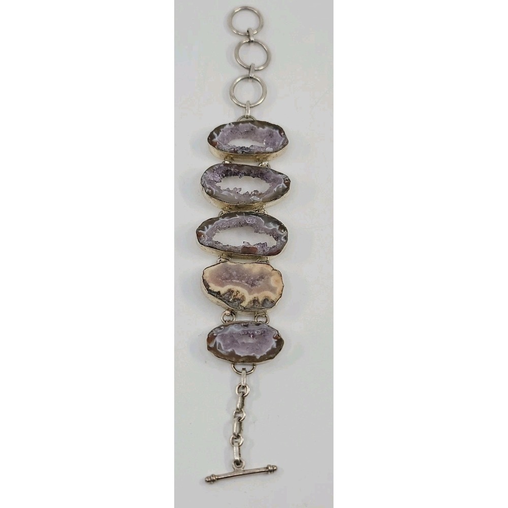 Sterling Silver 925 Purple‎ Natural Geode Crystal Stone Bracelet